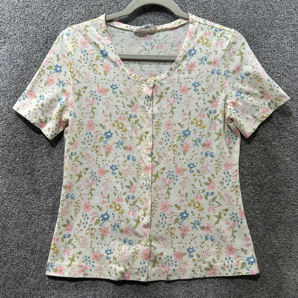 Vintage John Meyer Floral Button Front Short Sleeve Cardigan Top Size 12 Cottage